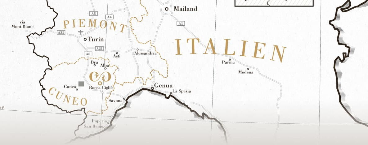 Map of Northern Italy with Piedmont and Cascina Cerea and Rocca Cigliè marked